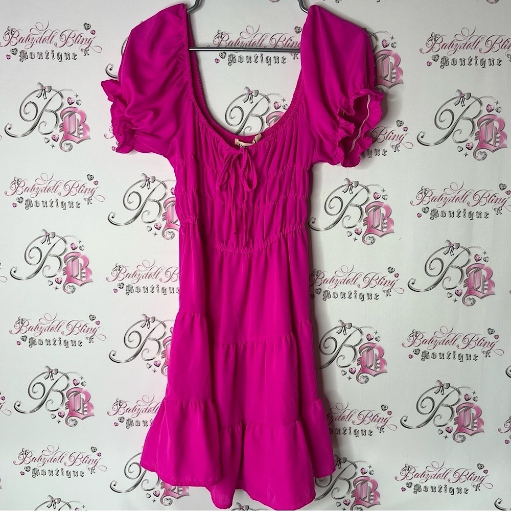 Liberty dress milkmaid ruffle puff sleeve cinch smocked Fuchsia Bow Detail